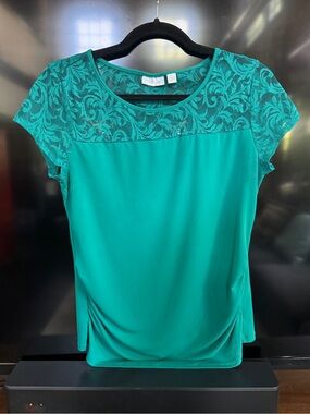 New York & Company Teal Lace Yoke Cap Sleeve Top